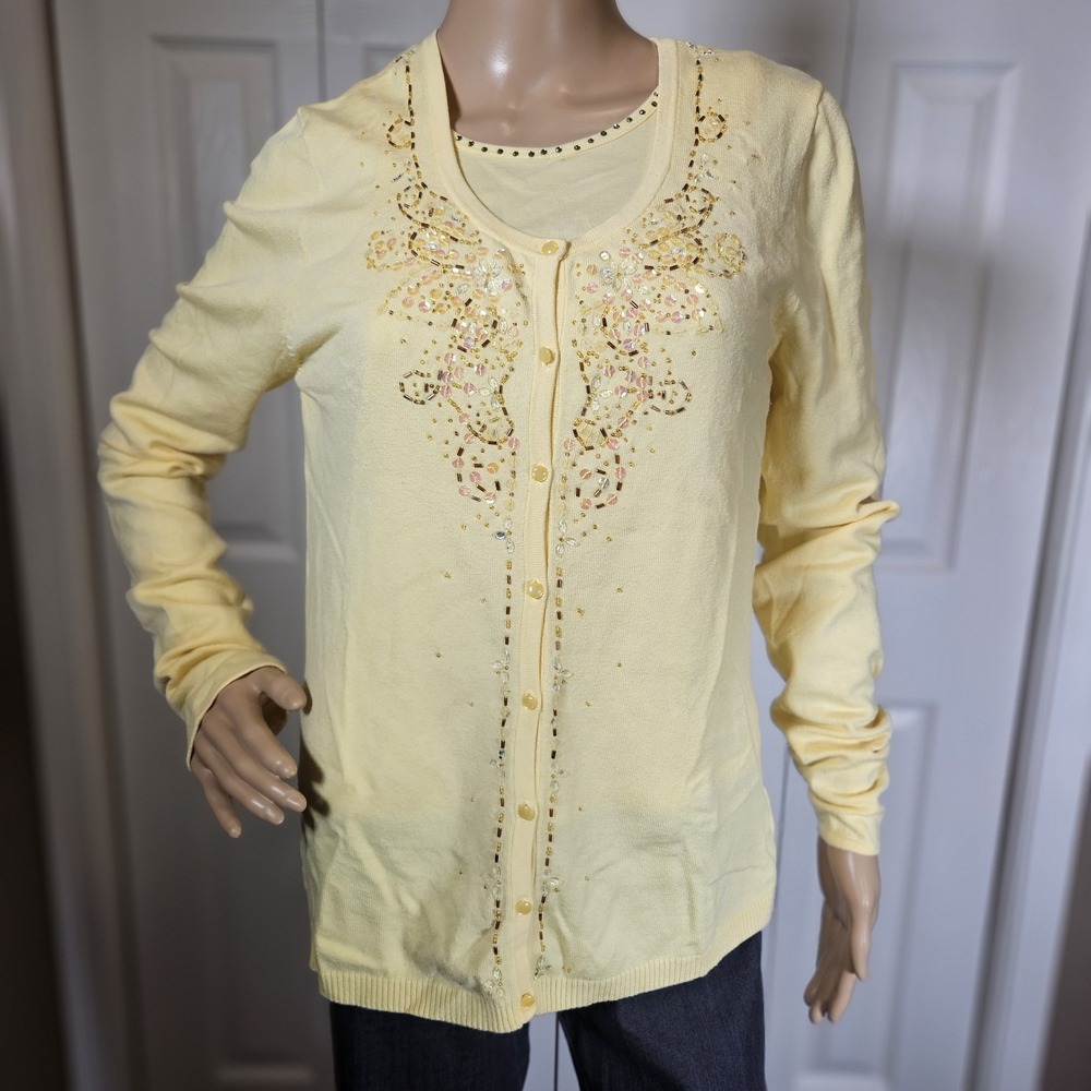 Vintage Chadwicks Womens Yellow Beaded Cardigan‎ and Tank Top Twin Set Size M